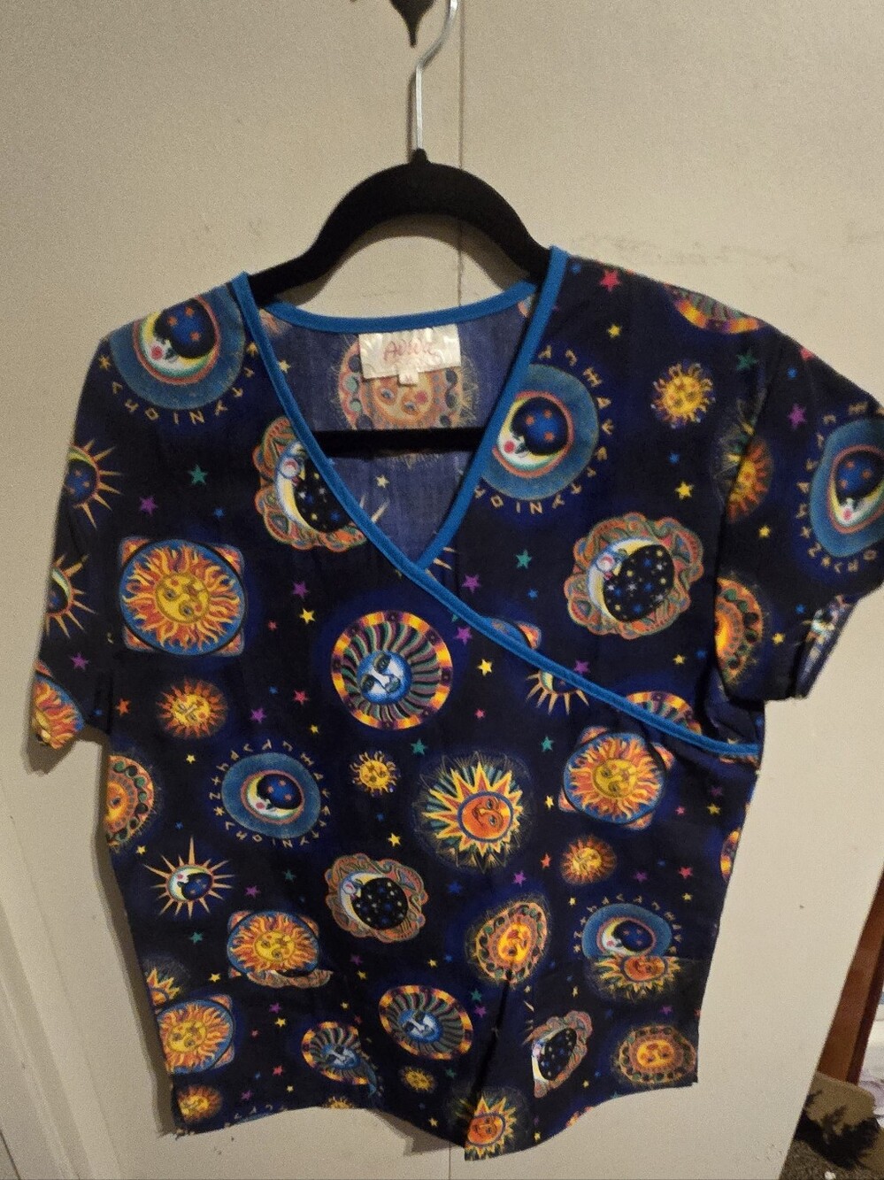 Astral Print Women's Scrubs- Navy with Multicolor Sun & Moon Motif